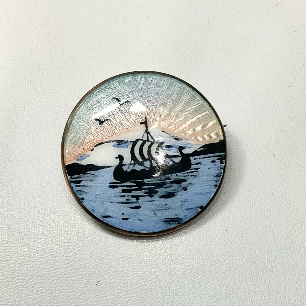 Vtg Sterling Norway Enamel Viking Scene Brooch Pin